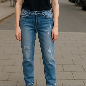 Kenzie Jeans Women’s SZ 6/28 Faded Blue Destroyed Low Rise Straight Leg Stretch